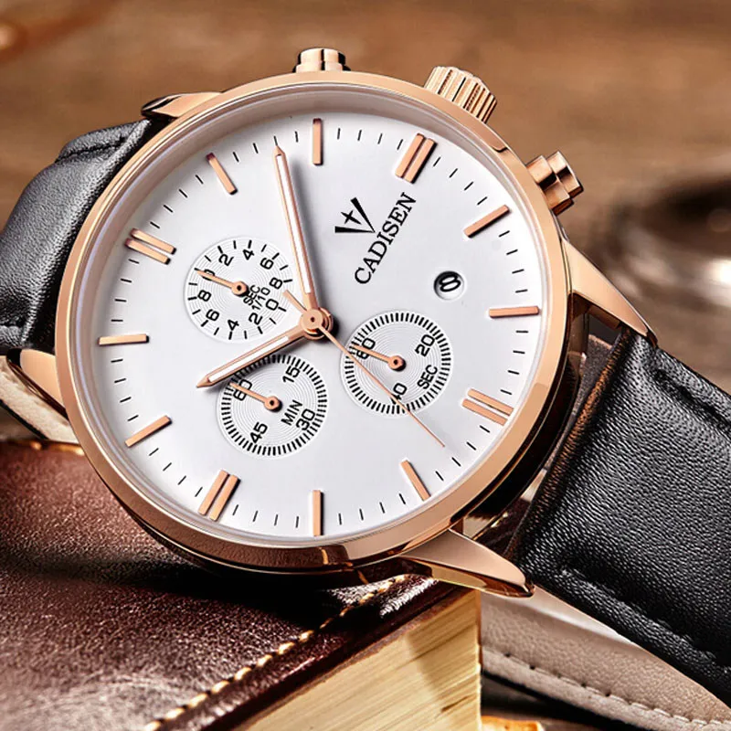 Мужские наручные часы CADISEN Роскошные Кварцевые золотого цвета военные