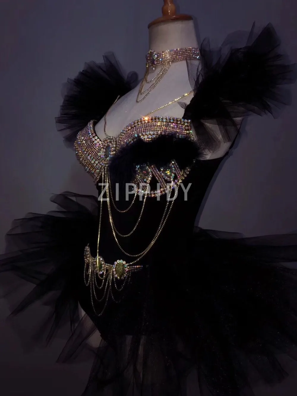 2018 Black Mesh Rhinestones Chains Bodysuit Women's Birthday Celebrate Nightclub Dance Show Outfit Women Singer Prom Outfit