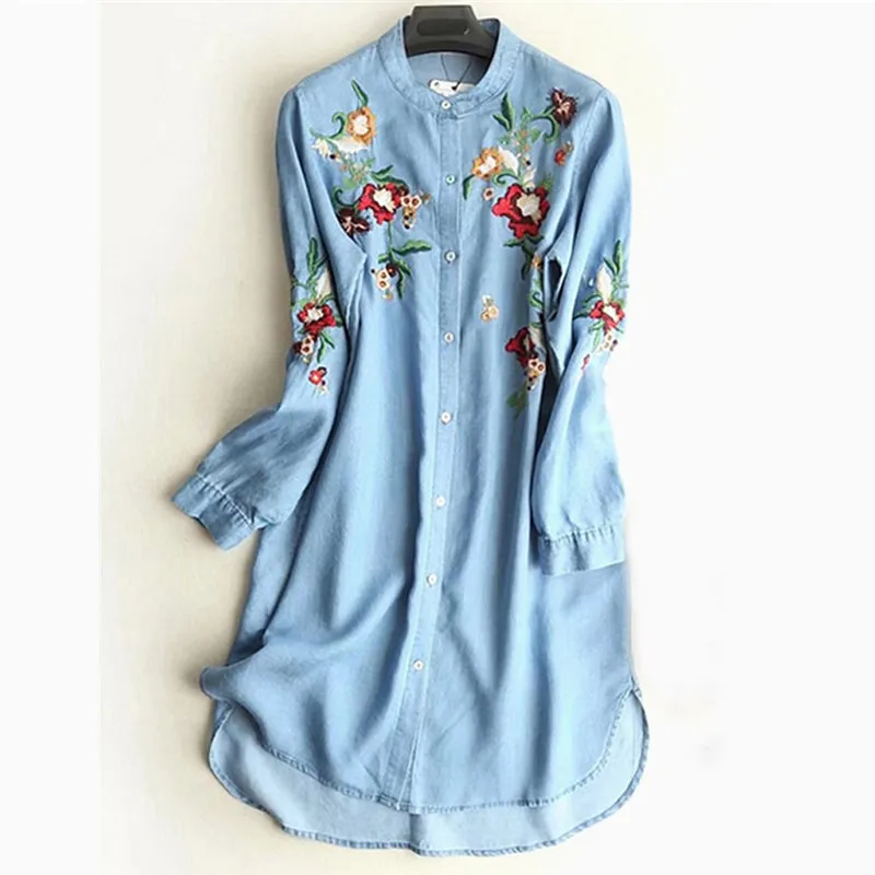 Женское джинсовое платье с цветочной вышивкой JAYCOSIN повседневное длинным рукавом