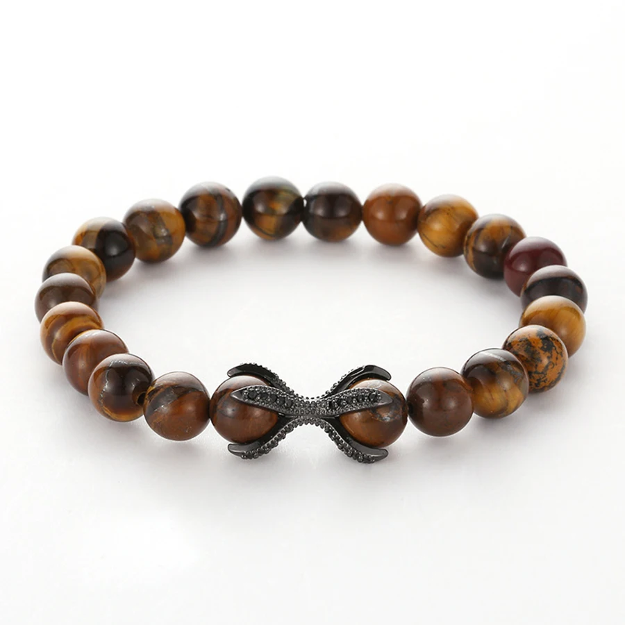 

HOBBORN Trendy Natural Tiger Eyes Stone Men Bracelet 8mm Beads Handmade Strand Octopus Claw Healing Women Bracelets Yoga Jewelry