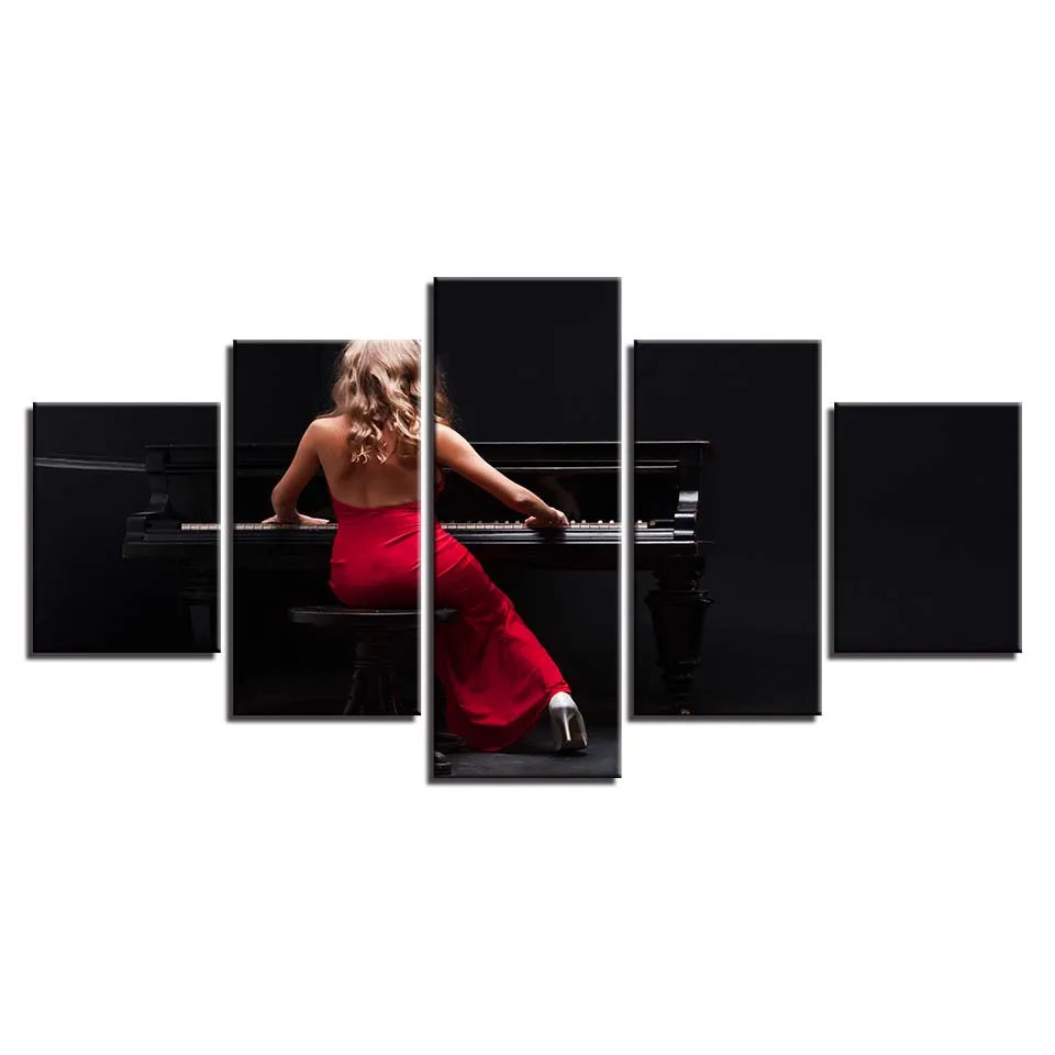 Canvas Paintings HD Printed Modular Pictures Living Room 5 Panels Girl Music Piano Wall Art Poster Home Decoration Modern Framed | Дом и сад