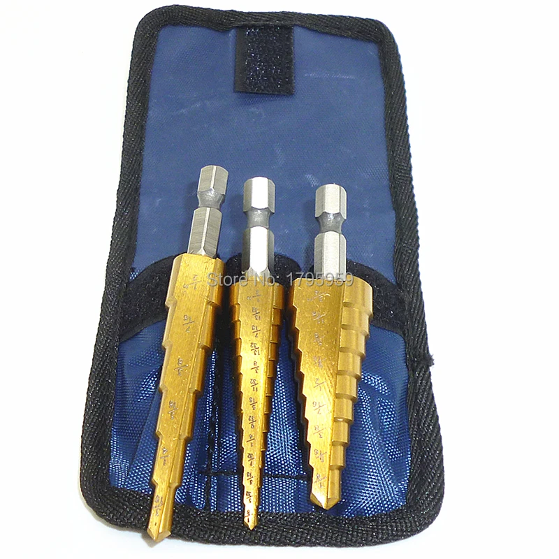 

3pc HSS Titanium Coated Step Drill Bit Set 1/4" Hex Shank Industrial Reamer Drill Tools W/Pouch 3/16"-1/2" 1/8"-1/2" 1/4"-3/4"