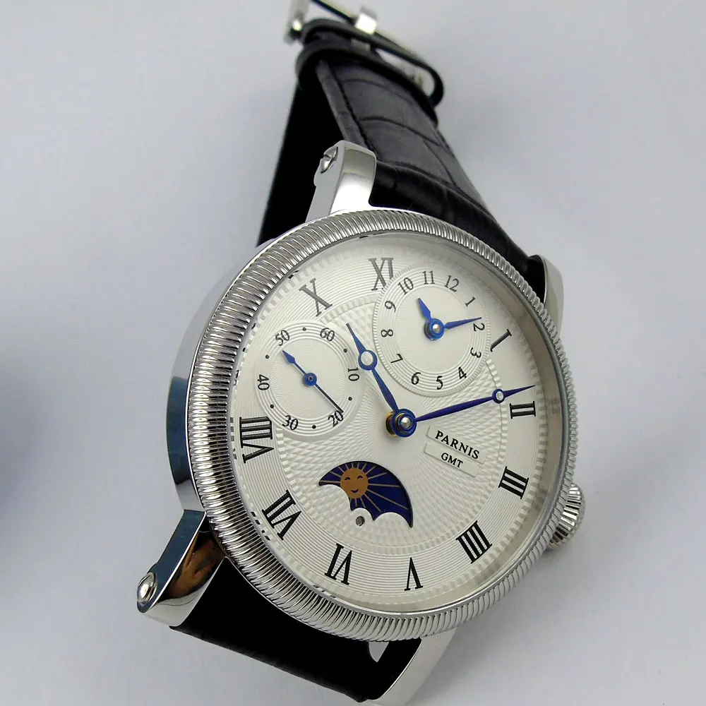 42mm PARNIS Steel Case embossment GMT Moon Phase relogio masculino Roman Numerals hand winding movement men's watch wholesale | Наручные