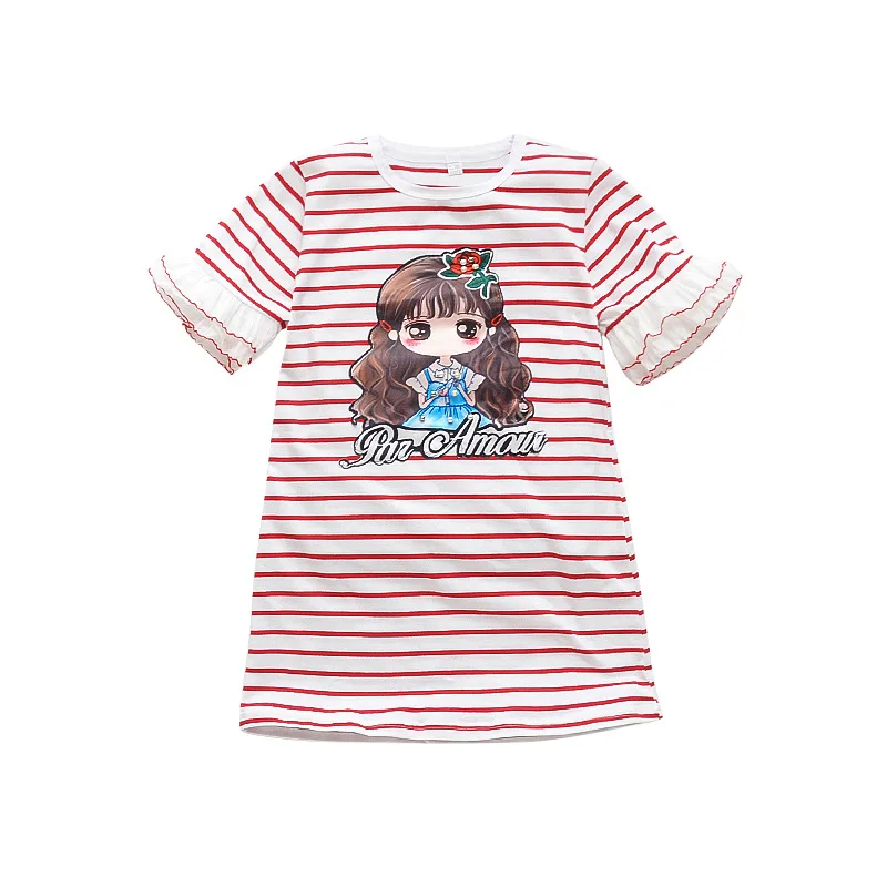 Kids Stripe Dress Girls Cartoon Cotton Tee Flare Sleeve Dresses 2018 Spring Autumn Children Clothes For 4 6 8 10 12 Years | Детская