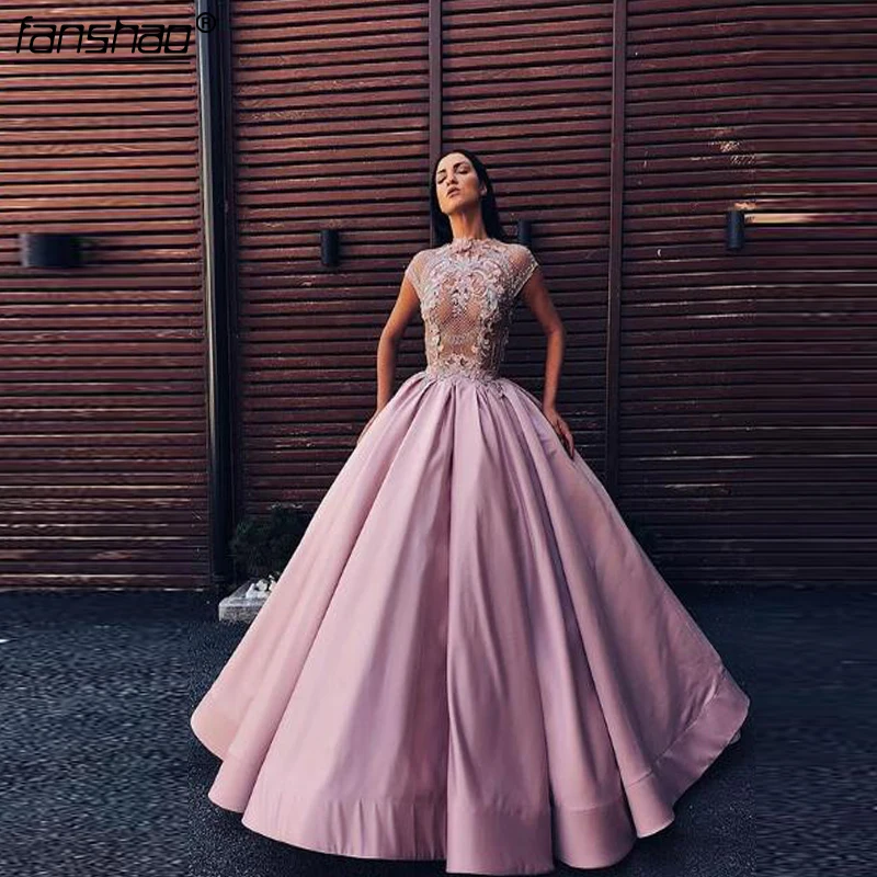 

Pink Muslim Evening Dress Satin Appliques Ball Gown Illusion Islamic Dubai Saudi Arabic Evening Gown Long Prom Dress