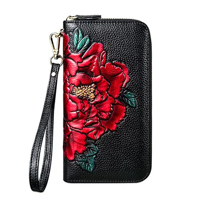 Red Flower Модные женские кошельки из натуральной кожи с цветочным принтом, женский клатч, длинный Браслет, кошелек для телефона, портмоне, сумка для телефона, кошелек - Цвет: Red Flower