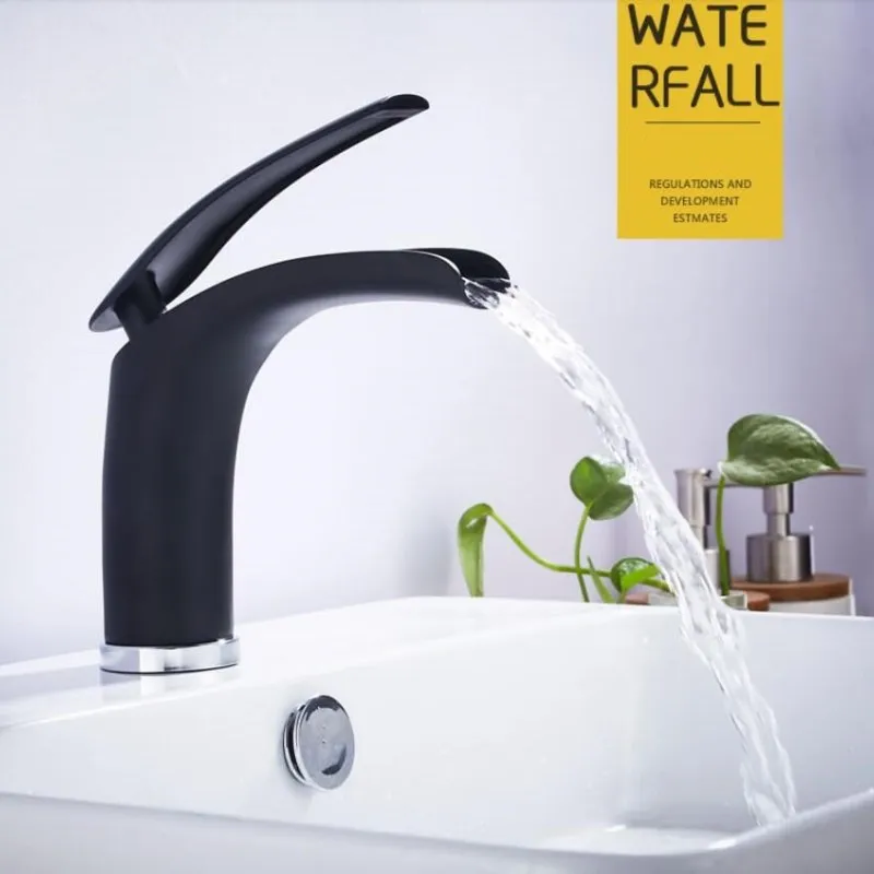 

Bulk Sale Black Basin Mixer Tap Bathroom Sink Faucet Single Lever Finished Hot and Cold Crane Waterfall Mxier Tap Deck Mounted