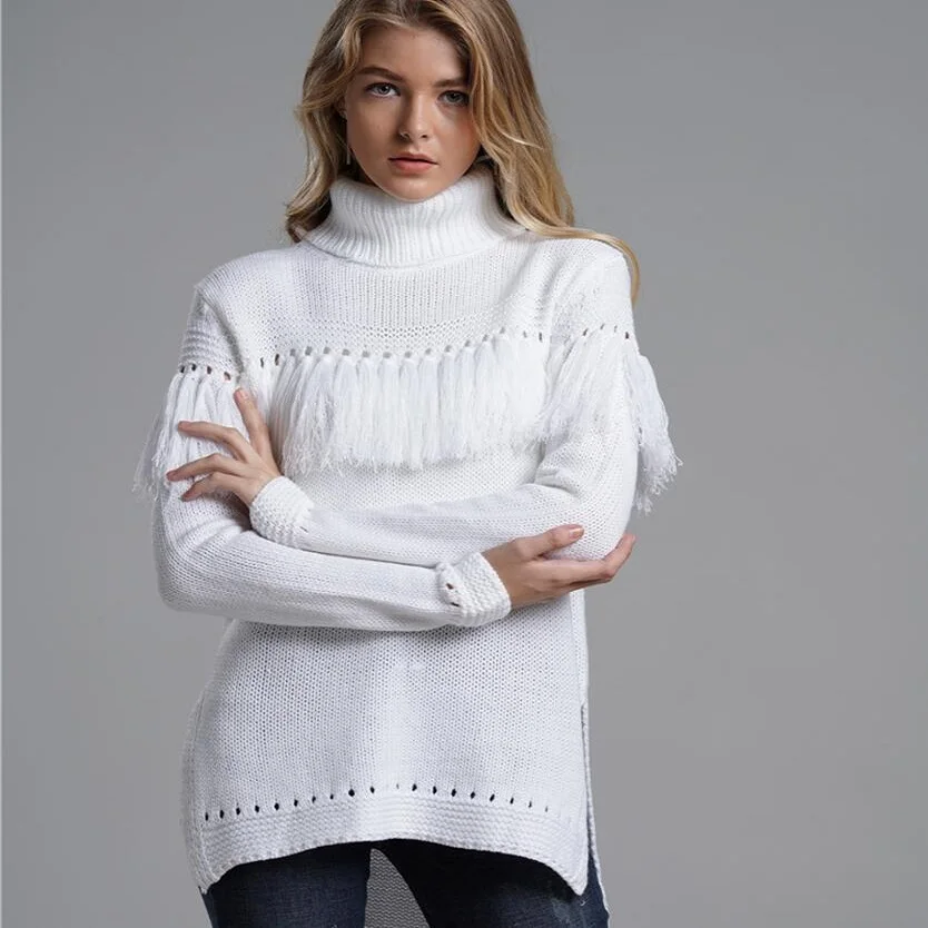 Women's Turtlenecks Winter Sweater Long pullover female fashion slim side slit white sweaters women knitted Tassel clothes | Женская