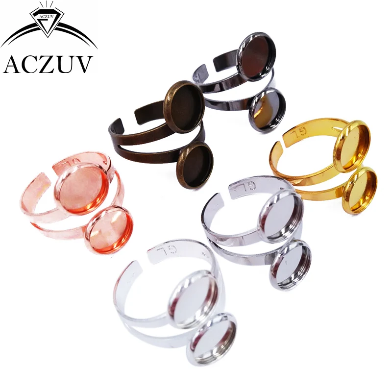 100pcs Mixed Colors 10mm 12mm Double Bezel Blank Adjustable Ring Blanks Base Copper Metal Cabochon Rings Settings TJZT021