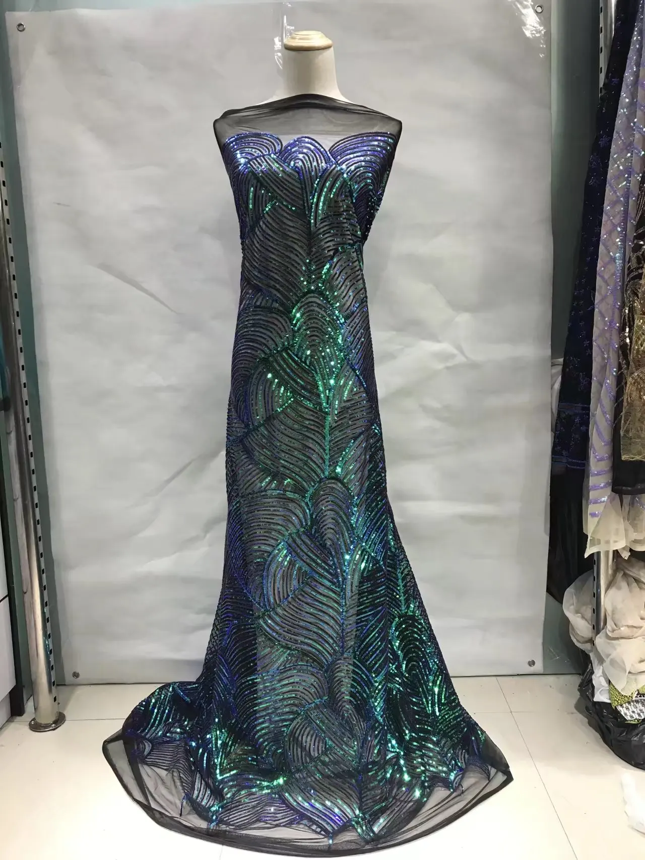 

Latest African French Lace Fabric High Quality African Tulle Sequins Lace Fabric For Wedding.blue color african lace JL19781