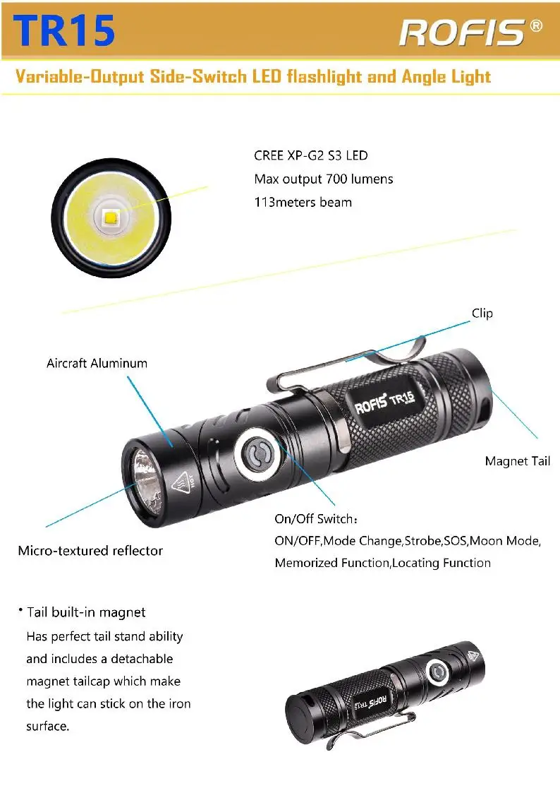 ROFIS TR15 CREE XP-L Hi V3 LED 700 люмен регулируемый-глава фонарик, Многофункциональный использование фонарик