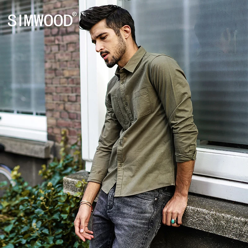 SIMWOOD 2019 Осень Зима повседневные рубашки мужские приталенные винтажные из 100%