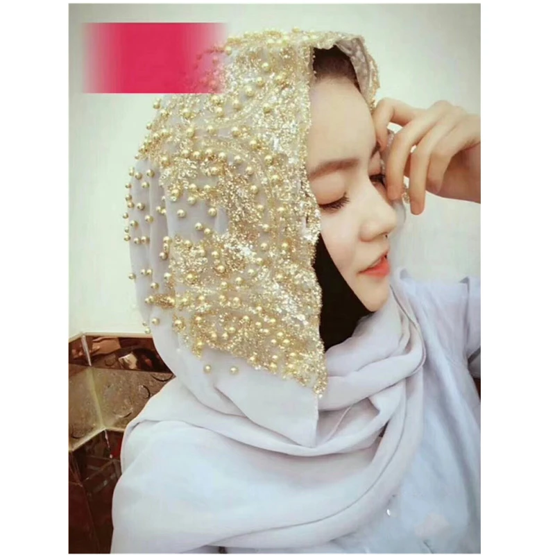 New high class collection beading Muslim women lace chiffon hijab long scarf head warp arab womens headwear #CJ899 | Тематическая