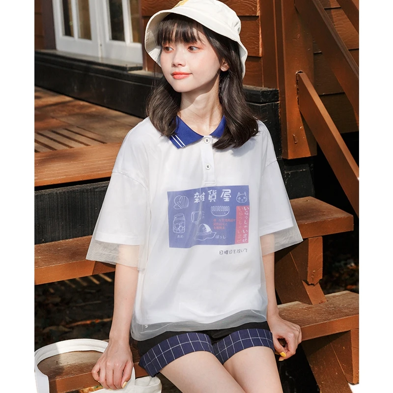 Japanese Kawaii Printed Women T Shirt Cute Graphic Short Sleeve Girls Tops Femme Tee Vintage Cartoon Cat Mesh White Tshirt | Женская