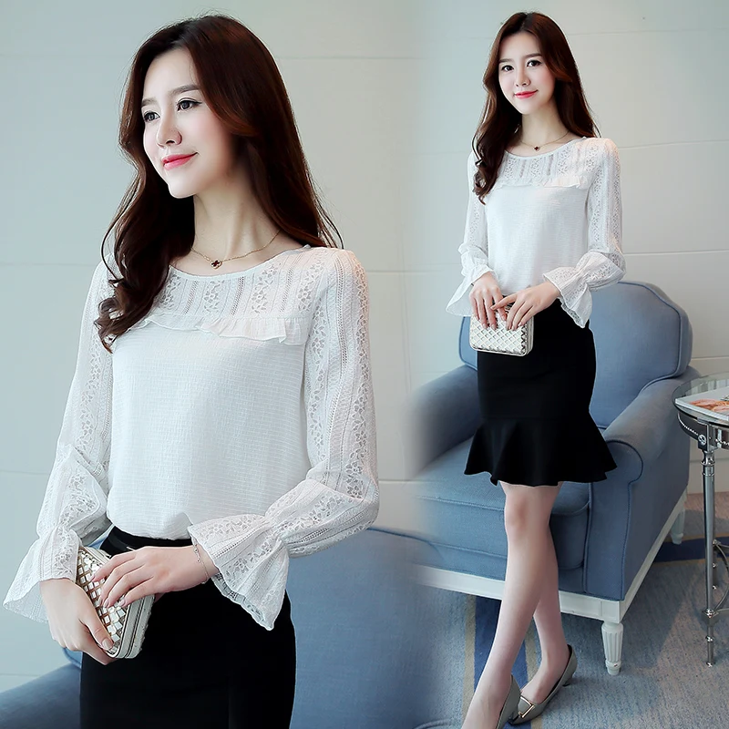 Flyyedemo Для женщин блузка рубашка 2017 Новая мода осень розовый Шифоновая Кружево