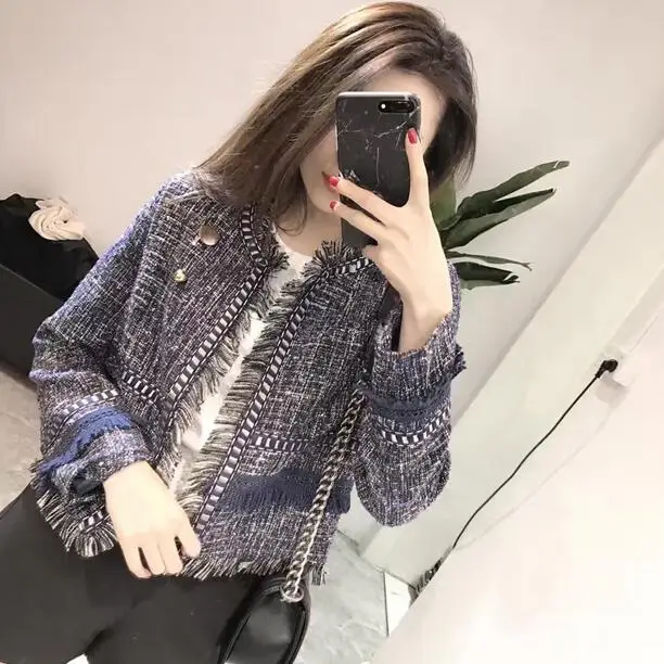 Женская твидовая куртка с бахромой и длинным рукавом короткая верхняя одежда