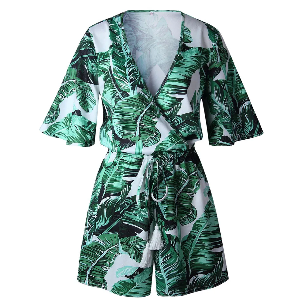 

Womail bodysuit Women Summer Casual Fashion Leaves Printing Short Sleeve V Neck Rompers Jumpsuit Playsuit new 2019 M4