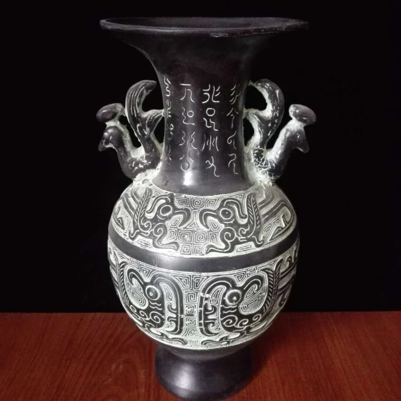 Китайская старинная бронзовая посуда ваза с двойным Фениксом|Статуэтки и