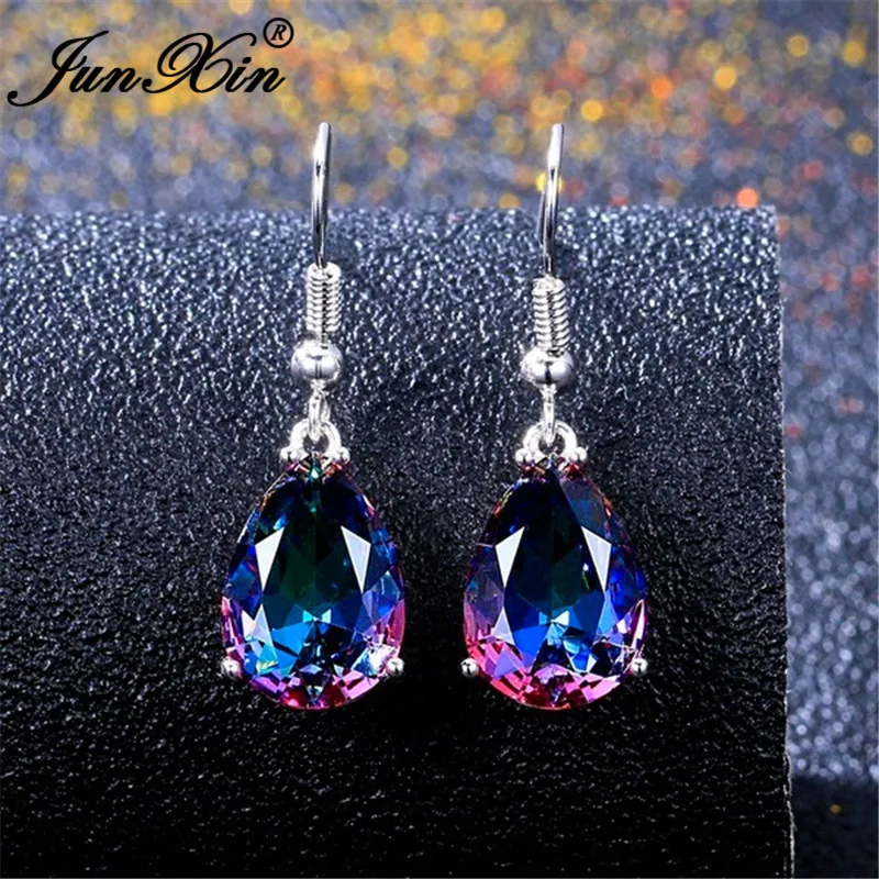 Женские серьги подвески JUNXIN Mystic Fire Stone Серьги серебряного цвета с австрийским