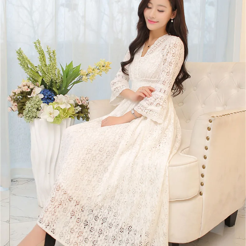 Бесплатная доставка новинка 2017 модное длинное летнее богемное кружевное платье