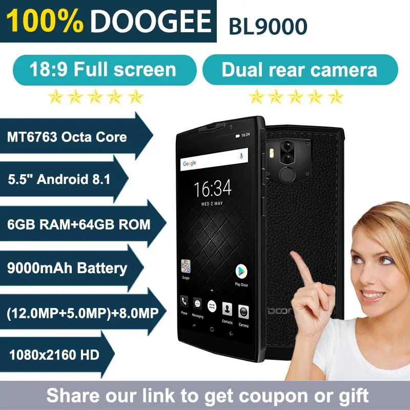 DOOGEE BL9000 5,99 ''9000 мАч смартфон 6 ГБ 64 Гб 18:9 FHD+ MTK6763 Восьмиядерный Android 8,1 4G Двойная камера 12 м OTG Беспроводная зарядка