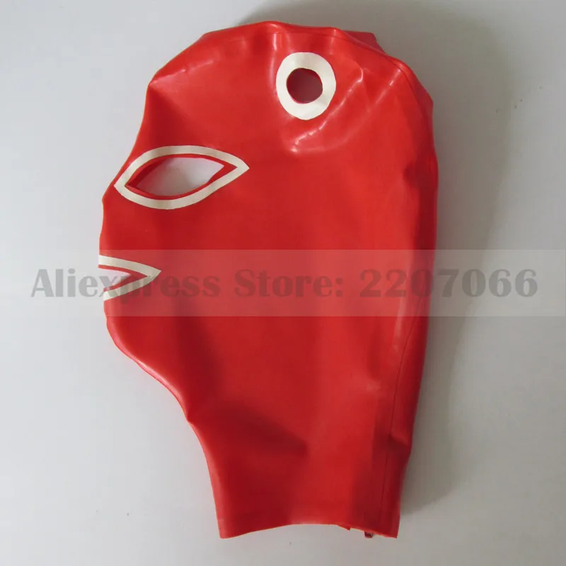 

Red and white trims latex rubber mask hood with hair through holes plus size handmade RLM004