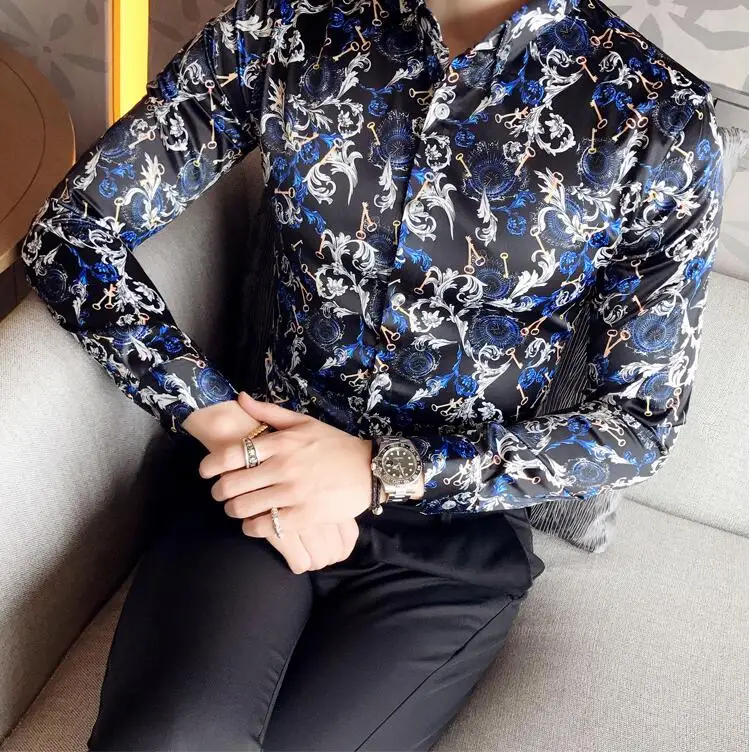 2018 Для мужчин модные Повседневное Длинные рукава рубашка с принтом Slim Fit мужской