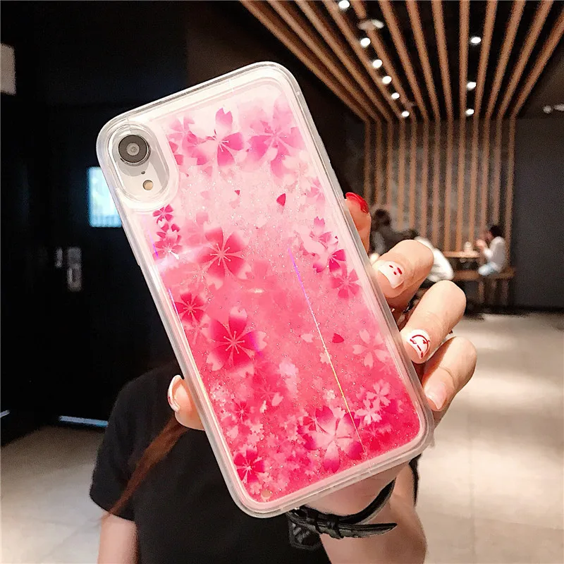 Shiny Quicksand Glitter Pink Flower Phone Cases For iPhone 8 7 6 6s Plus Hard PC Back Cover Floral Case X XS MAX XR |