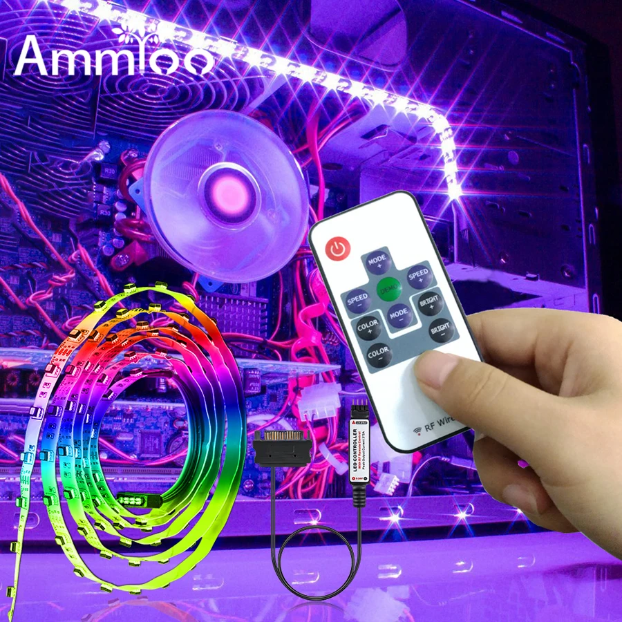 

AmmToo 50/100/150/200cm 3535RGB LED Strip Light PC Computer Case Decoration Strip Light SATA Power Supply RF Wireless Controller
