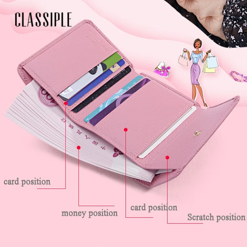 100% женский кошелек из натуральной кожи с держателем для карт короткий розовый