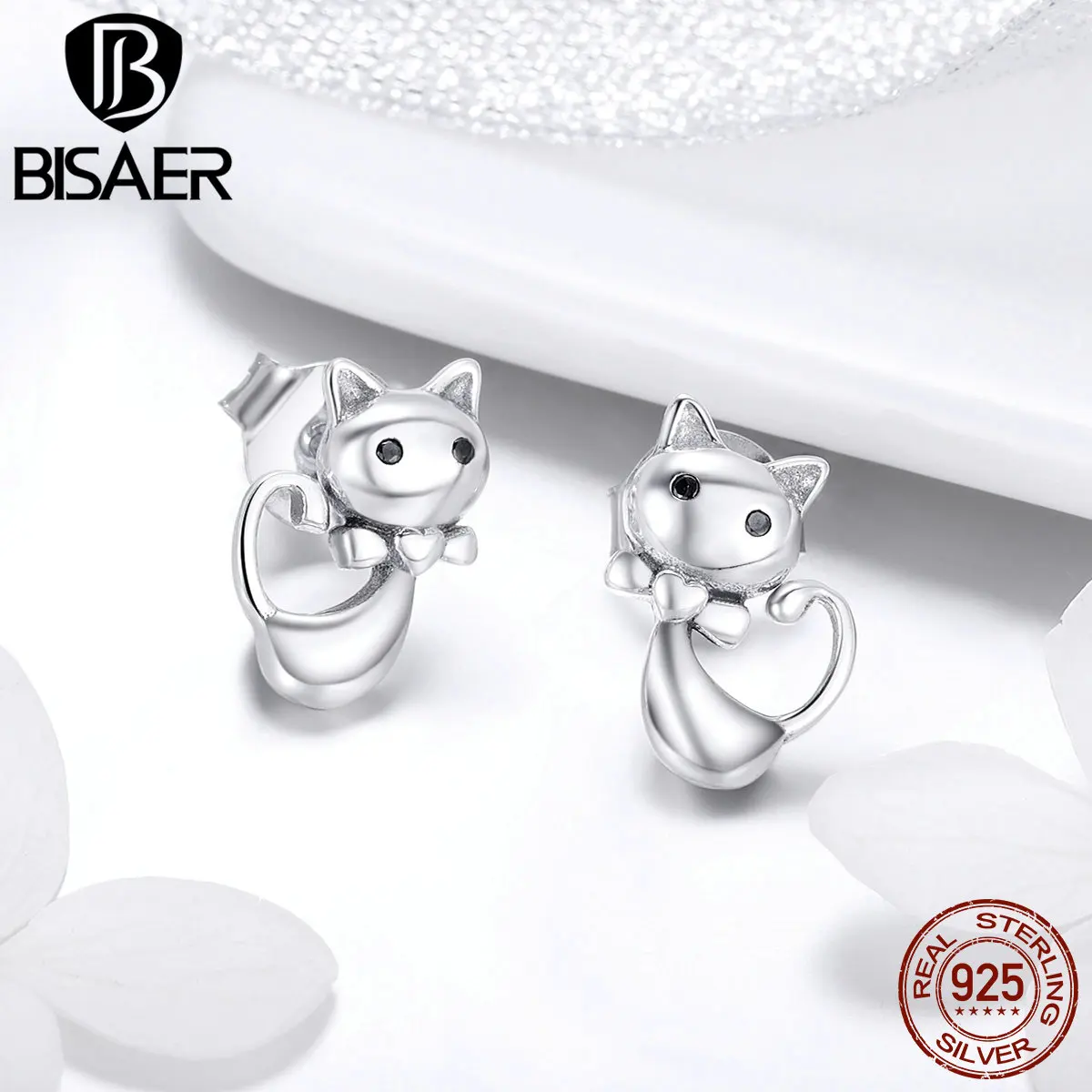 Серьги BISAER Cat, 925 пробы, серебряные серьги-гвоздики с животными для женщин, модные ювелирные изделия для девочек, подарок для детей, Brincos GXE450