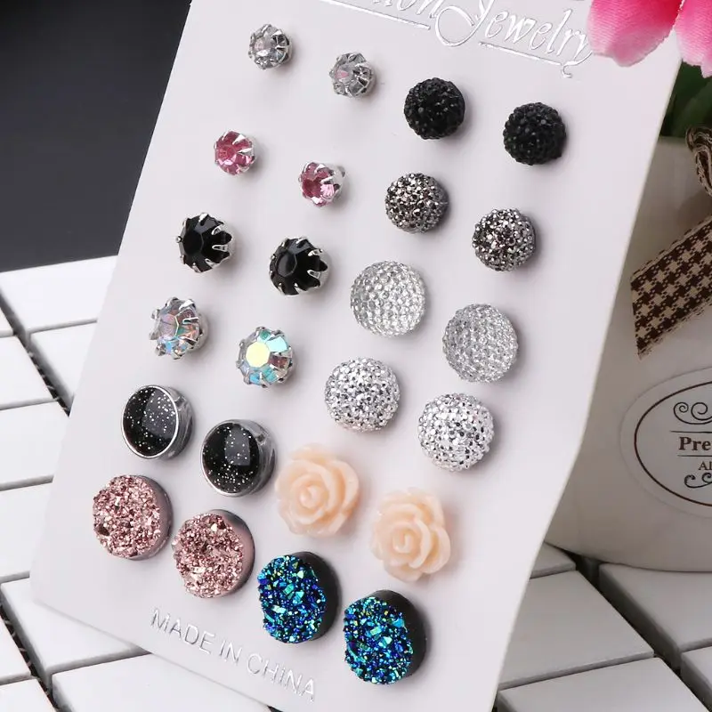 12 Pairs Assorted Crystals Druzy Stone Resin Round Stud Earrings Set Women | Украшения и аксессуары