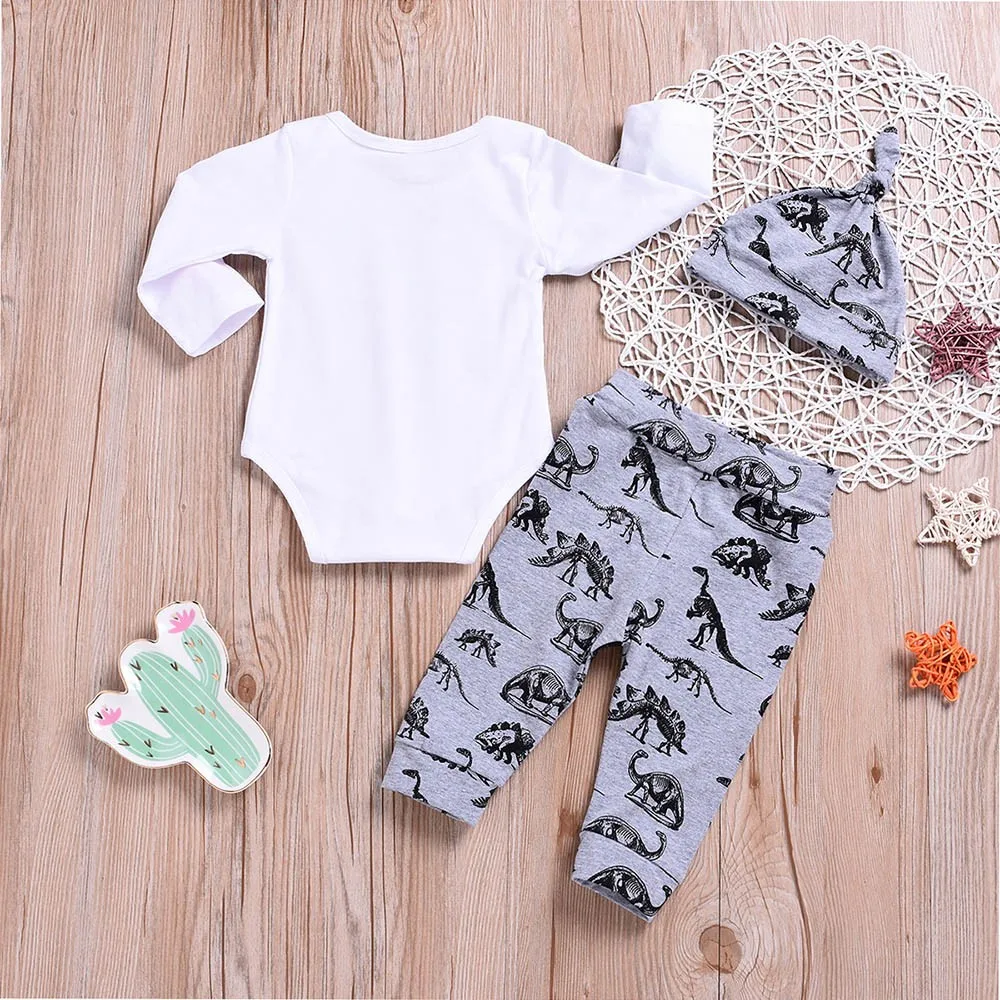 Fashion Newborn Baby boy Clothing Set 3PCS Toddler Letter Print Romper+ Dinosaur Pants+Hat Outfit dropshipping | Детская одежда и