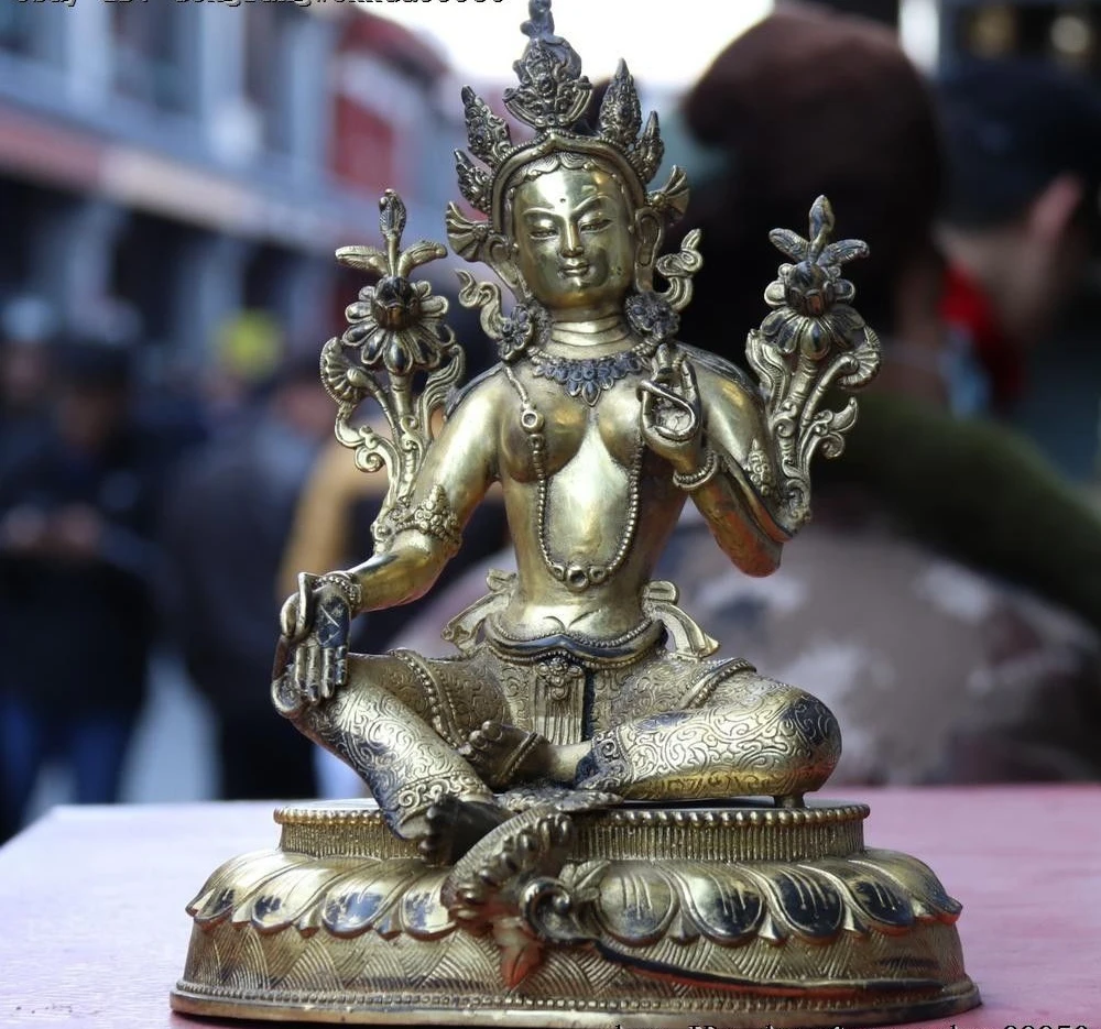 Тибет старый медный блеск Зеленая Тара Кван-Инь Гуань Инь статуя Будды