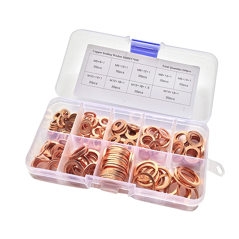

Professional 200pcs/box Copper Washers Flat Ring Sump Plug Oil Seal Assorted Set M5-M14 Car Accessories Kit Copper Ring Gasket