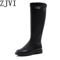 zjvi ladies fashion buckle winter knee high boots woman genuine leather 2021 women black shoes womens thigh high boots for girls