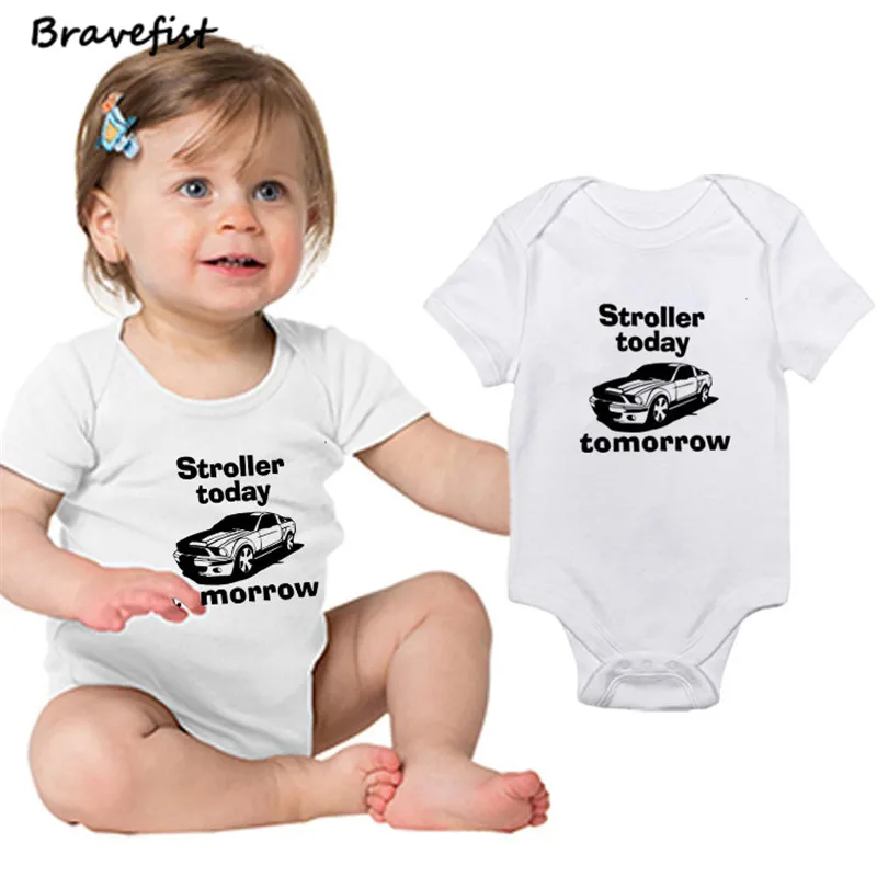 

Summer Car Newborn Bodysuits Short Sleeve Infant Jumpsuits Kids Outfits Stroller Today Tomorrow Letters Print Children Clothing