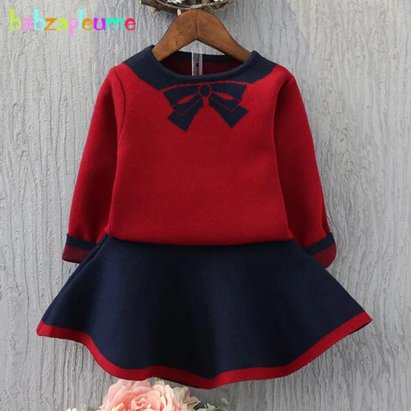 

2Piece/2-6Years/Spring Autumn Baby Girls Suits Clothes Set Cute Bow Knit Red Sweater+Skirt Children Clothing Kids Costume BC1326