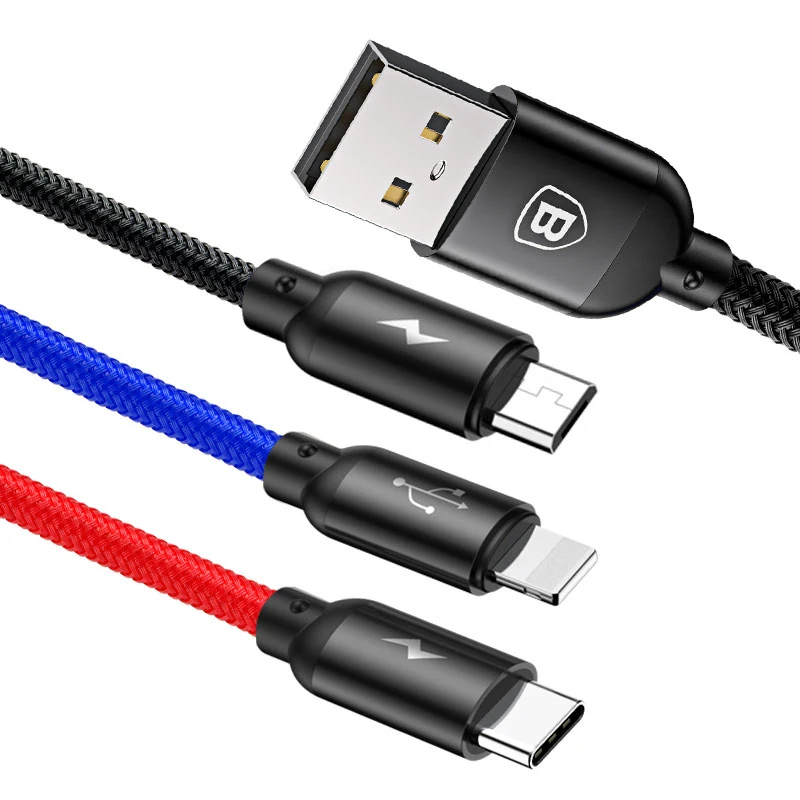 Baseus 3 в 1 USB кабель для iPhone Xs Max Xr X 3.5A зарядное устройство Micro USB кабель type C кабель для Android Мобильный телефон шнур - Цвет: Black
