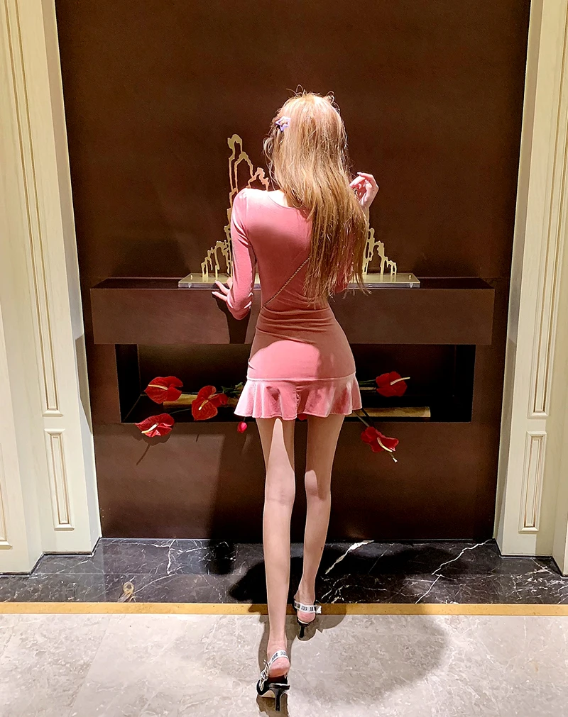 

Real shot 2018 Autumn and winter new cross V-neck lotus leaf dress velvet long-sleeved dress formal women elegant dress