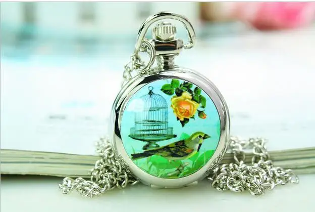 

10pcs/lot good quality low price charming bird flower pattern necklace pendant fashion pocket watch wholesale