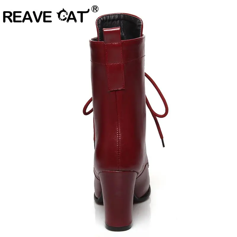 REAVE CAT/большие размеры 32-48; Новые осенне-зимние ботильоны; женские ботинки на высоком каблуке и платформе, со шнуровкой, расшитые блестками; теплая обувь