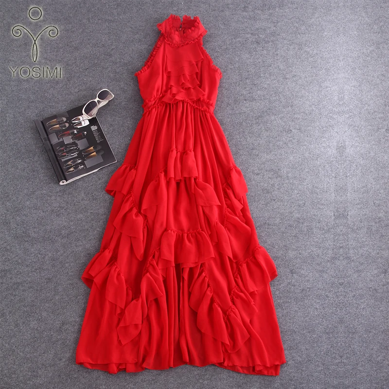 

YOSIMI 2018 Summer Dress Maxi Elegant Red Chiffon Vintage Ruffles Long Women Dress Sexy Party Stand-neck Beach Long Dress Female