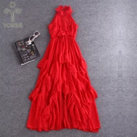 yosimi 2018 summer dress maxi elegant red chiffon vintage ruffles long women dress sexy party stand neck beach long dress female