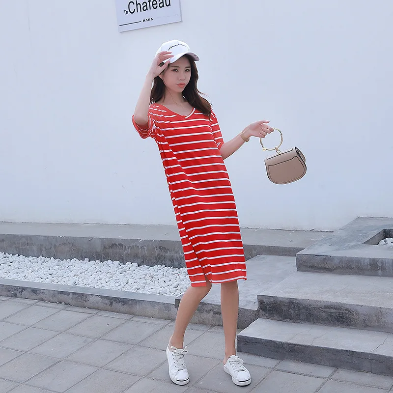 New plus-size dress summer version of loose splicing stripe Short sleeve pregnant woman's long Dress | Женская одежда
