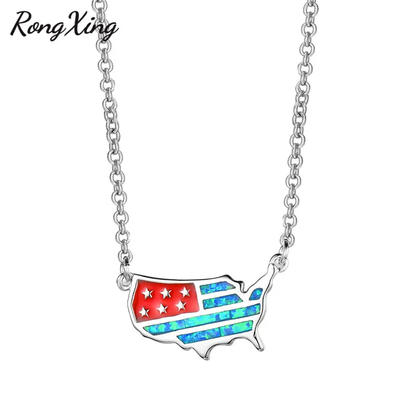 RongXing Silver Color American Flag Pendant Necklaces for Women White/Blue Fire Opal Birthstone Necklace Xmas Gift | Украшения и