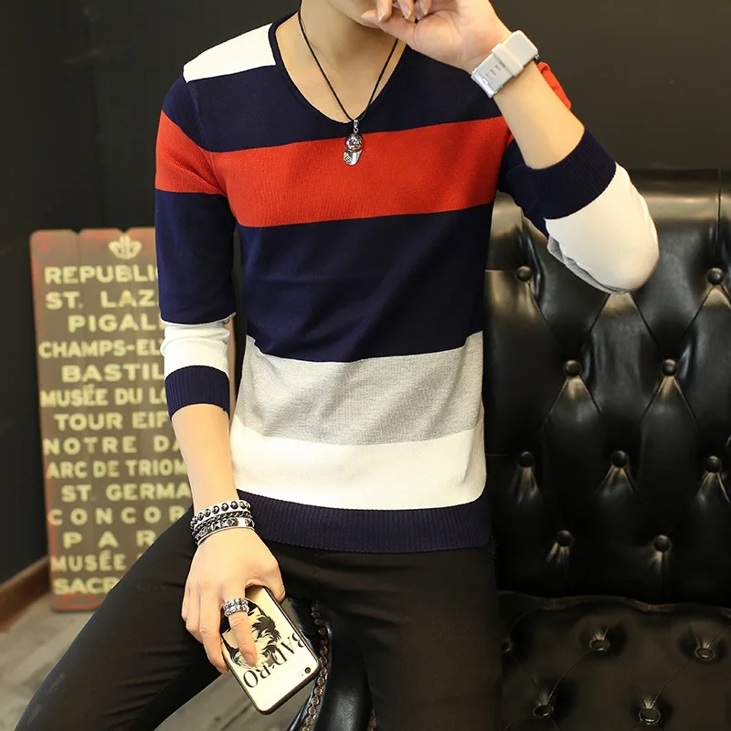 Mens Sweaters Clothes New Classic Simplicity Pullover V-Neck Patchwork Men Striped Long Sleeves Grey Black Teenagers Sweaters black one shoulder long sleeves loose sweaters
