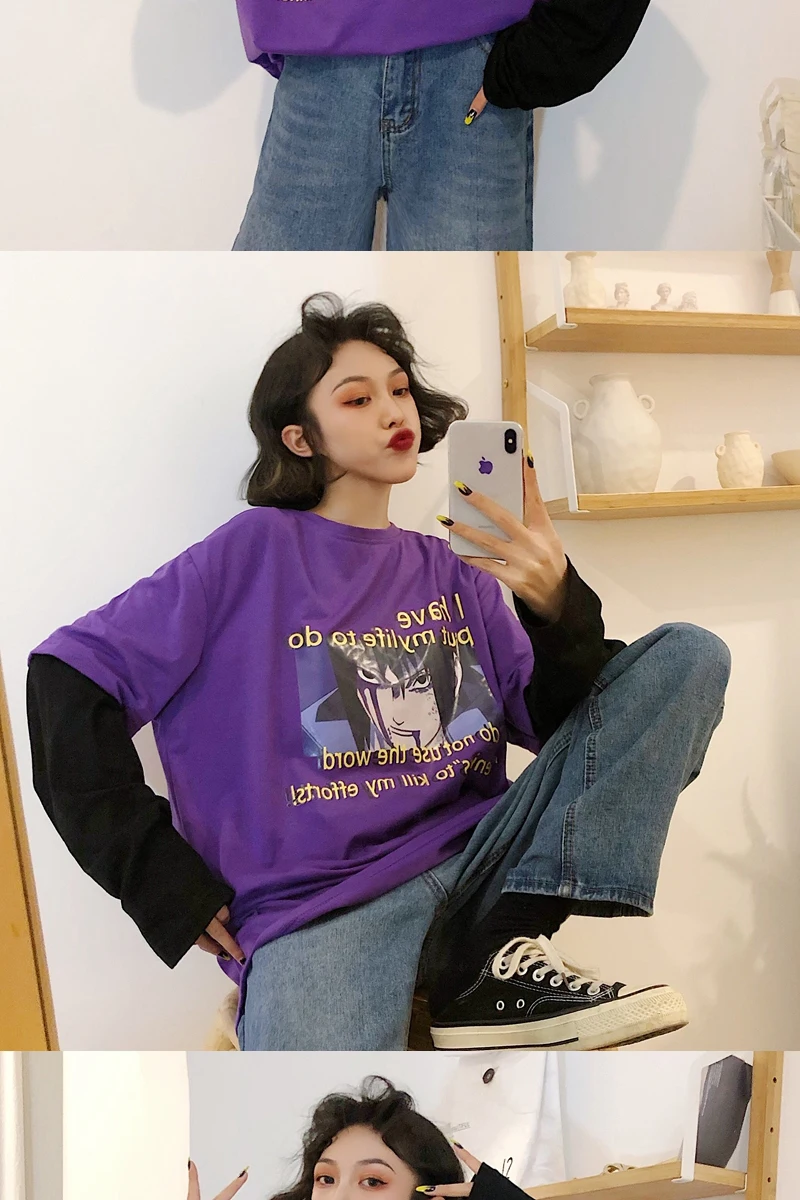 Camisetas Mujer, осенняя женская футболка, Корейская уличная футболка Ulzzang Harajuku с мультяшным принтом, футболка с длинным рукавом, женские топы