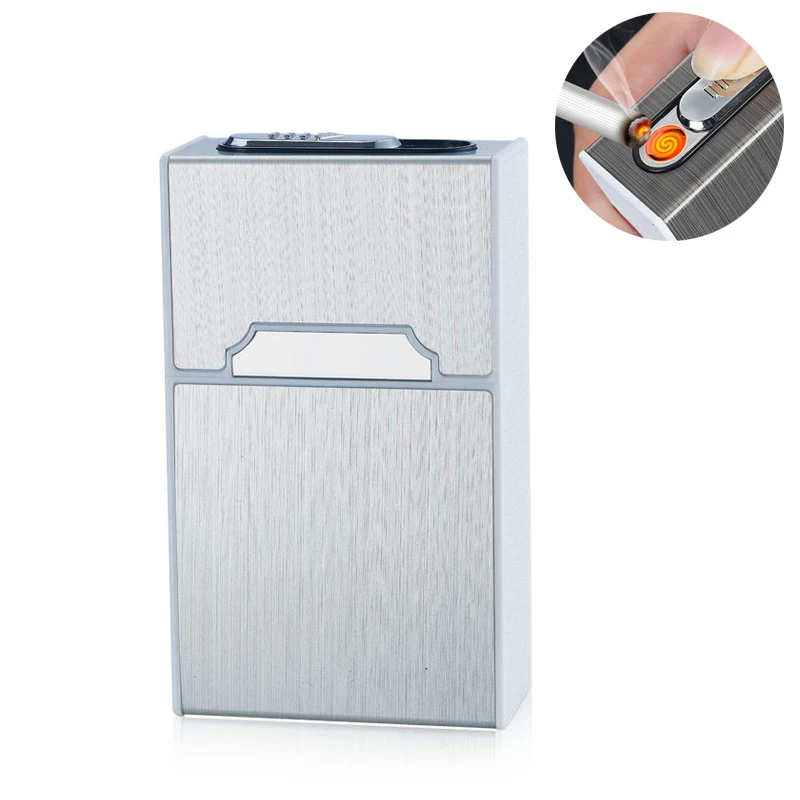 Silver Металлический чехол для сигарет, электронная USB Зажигалка, 20 шт., водонепроницаемый держатель для хранения сигарет, плазменная дуговая зажигалка, мужские подарки - Цвет: Silver