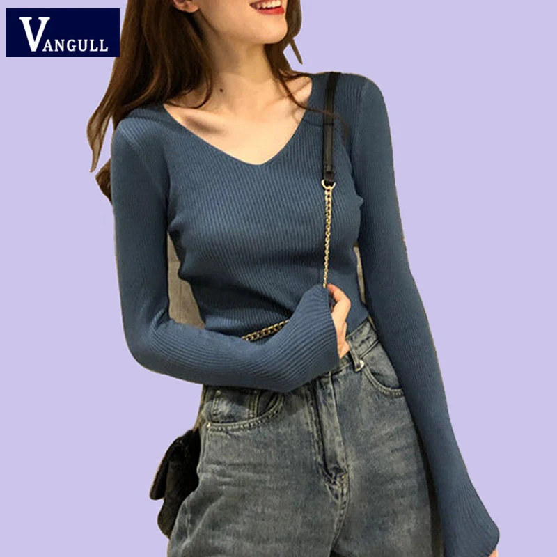 Vangull Knitted Women Sweater Spring New Style Long Sleeve V-neck Female Pullovers 2019 Autumn Elastic retro warm sweater | Женская